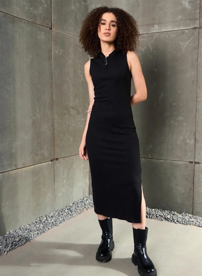 SASSAFRAS Black Bodycon Hooded Midi Dress for Women