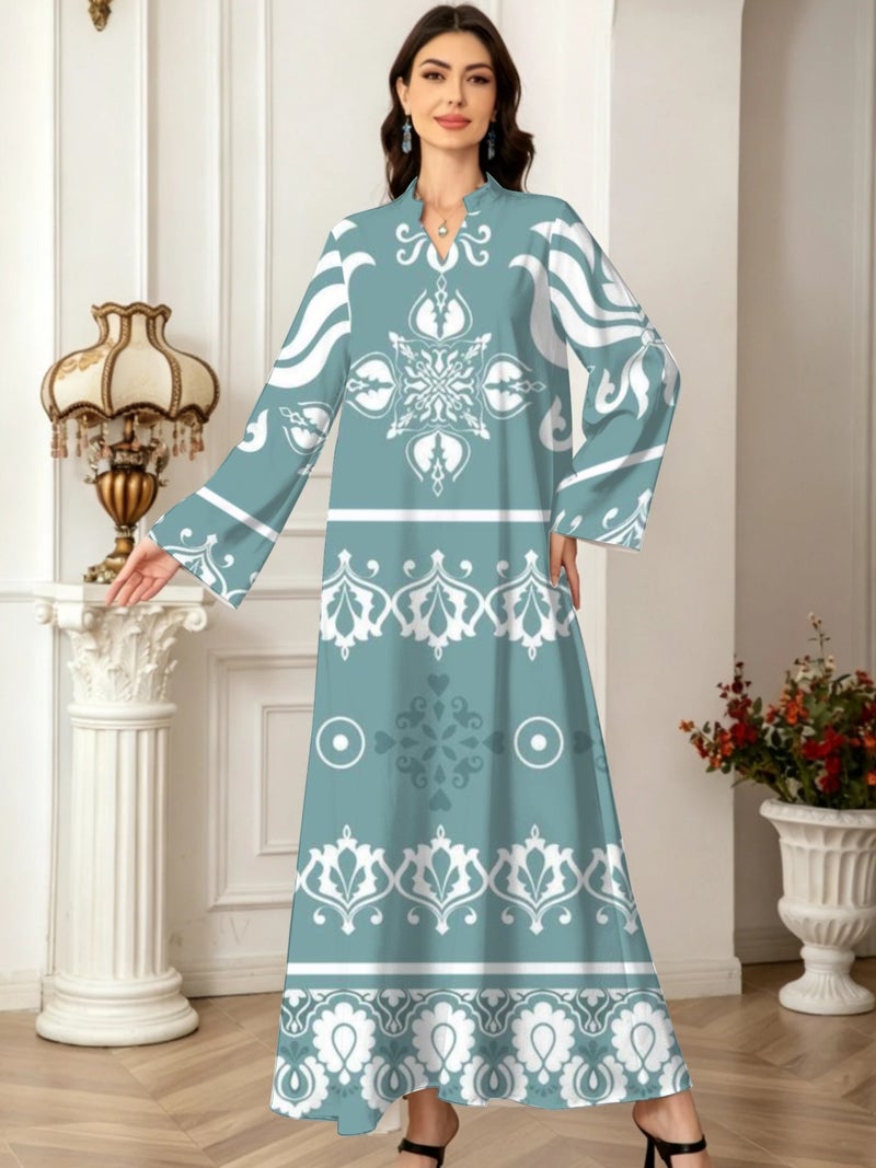 Mint‑blue Traditional Ornament Print Stand Collar Abaya - Image 2