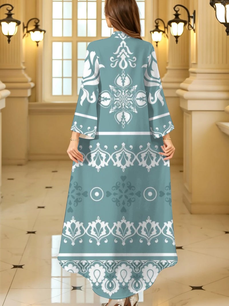 Mint‑blue Traditional Ornament Print Stand Collar Abaya - Image 4