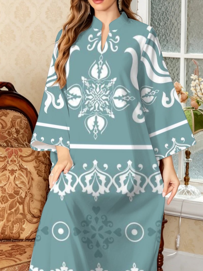 Mint‑blue Traditional Ornament Print Stand Collar Abaya - Image 5