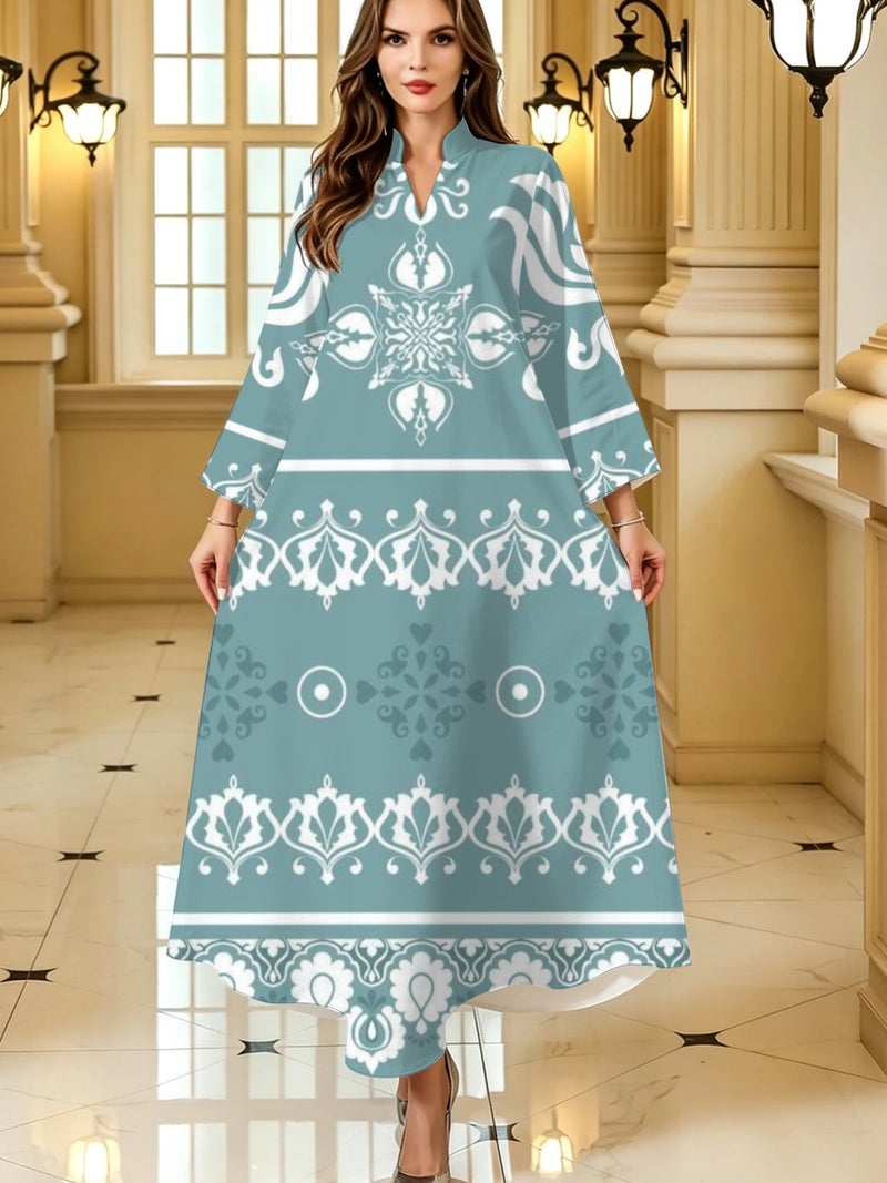 Mint‑blue Traditional Ornament Print Stand Collar Abaya - Image 1