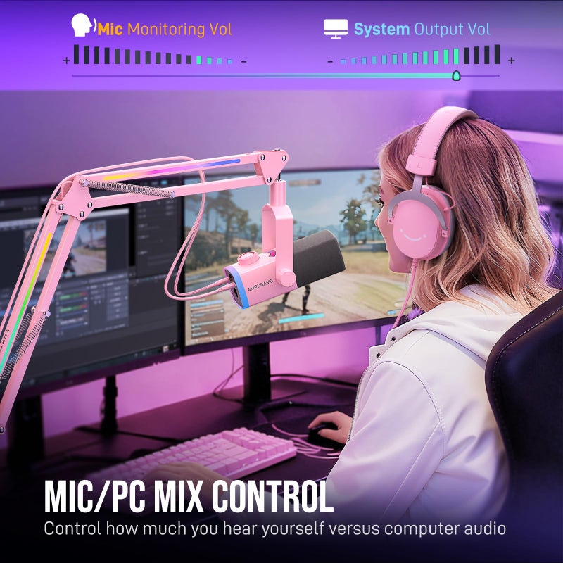 FIFINE XLR/USB Gaming Microphone Kit with Boom Arm Stand, RGB Streaming Mic for Computer Compatible with PC/PS4/PS5, Podcast Mic Set with Headphone Jack, Volume Knob, Mute-AmpliGame AM8PROT Pink - Image 5