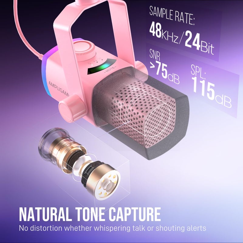 FIFINE XLR/USB Gaming Microphone Kit with Boom Arm Stand, RGB Streaming Mic for Computer Compatible with PC/PS4/PS5, Podcast Mic Set with Headphone Jack, Volume Knob, Mute-AmpliGame AM8PROT Pink - Image 2