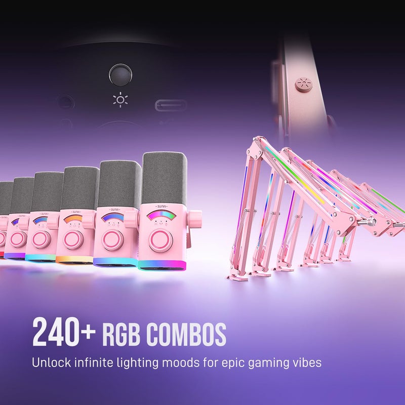 FIFINE XLR/USB Gaming Microphone Kit with Boom Arm Stand, RGB Streaming Mic for Computer Compatible with PC/PS4/PS5, Podcast Mic Set with Headphone Jack, Volume Knob, Mute-AmpliGame AM8PROT Pink - Image 4