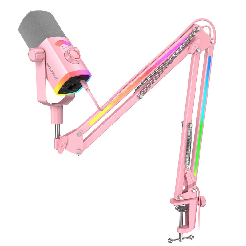 FIFINE XLR/USB Gaming Microphone Kit with Boom Arm Stand, RGB Streaming Mic for Computer Compatible with PC/PS4/PS5, Podcast Mic Set with Headphone Jack, Volume Knob, Mute-AmpliGame AM8PROT Pink - Image 1