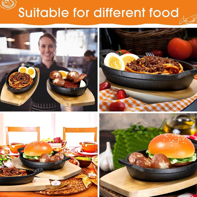 Mifoci 2 Sets Mini Cast Iron Skillet with Wooden Base  Fajita Plates Bakers Skillet  Matte Black Small Cast Iron Pan for Kitchen Restaurant Barbecue Dinner 87 x 47 x 16 Inches - Image 5