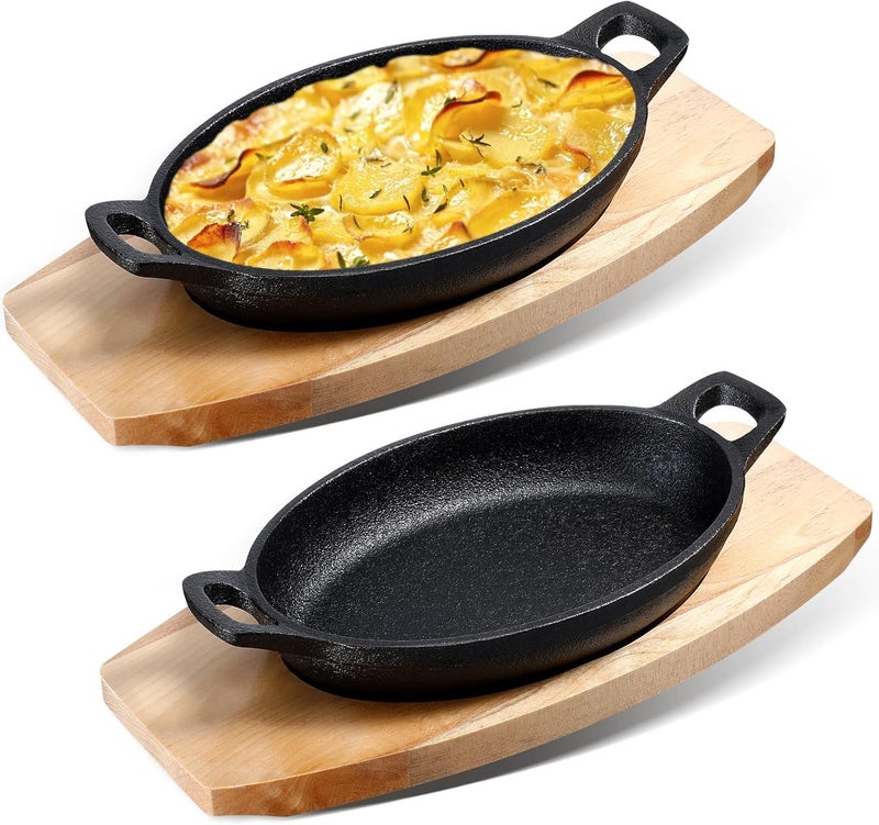 Mifoci 2 Sets Mini Cast Iron Skillet with Wooden Base  Fajita Plates Bakers Skillet  Matte Black Small Cast Iron Pan for Kitchen Restaurant Barbecue Dinner 87 x 47 x 16 Inches - Image 1