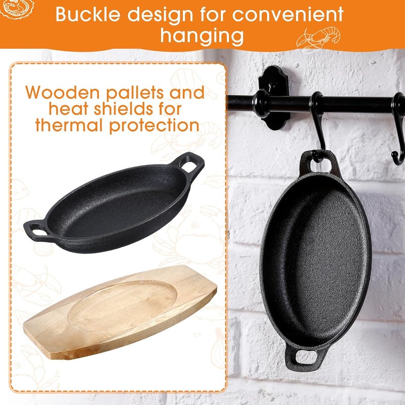 Mifoci 2 Sets Mini Cast Iron Skillet with Wooden Base  Fajita Plates Bakers Skillet  Matte Black Small Cast Iron Pan for Kitchen Restaurant Barbecue Dinner 87 x 47 x 16 Inches - Image 3