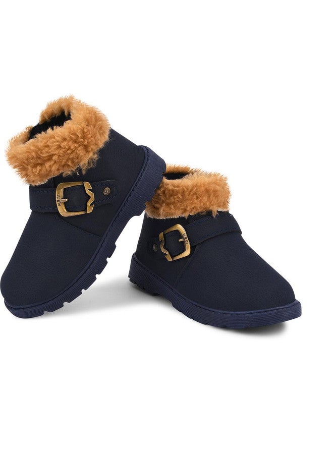 KATS Kids-Unisex Blue Solid Faux Fur Trim Mid-Top Boots - Image 3