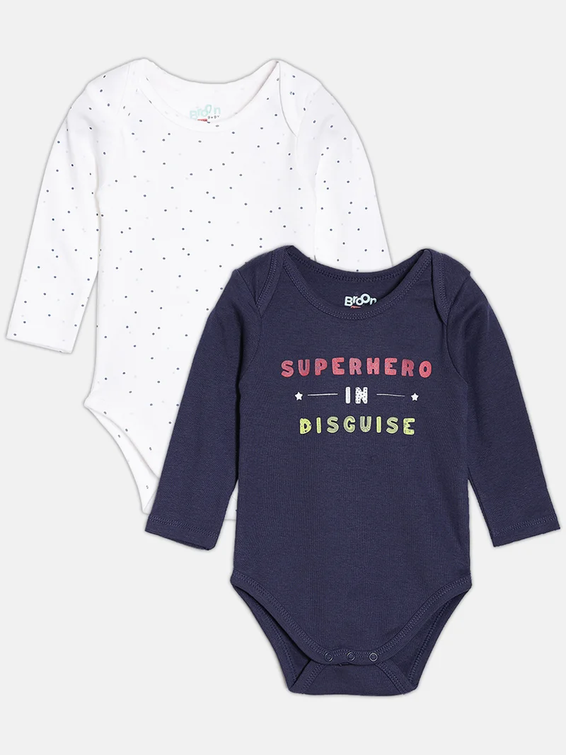 Broon Broon Infant Boys Navy Blue and White Printed Organic Cotton Full Sleeve Bodysuit