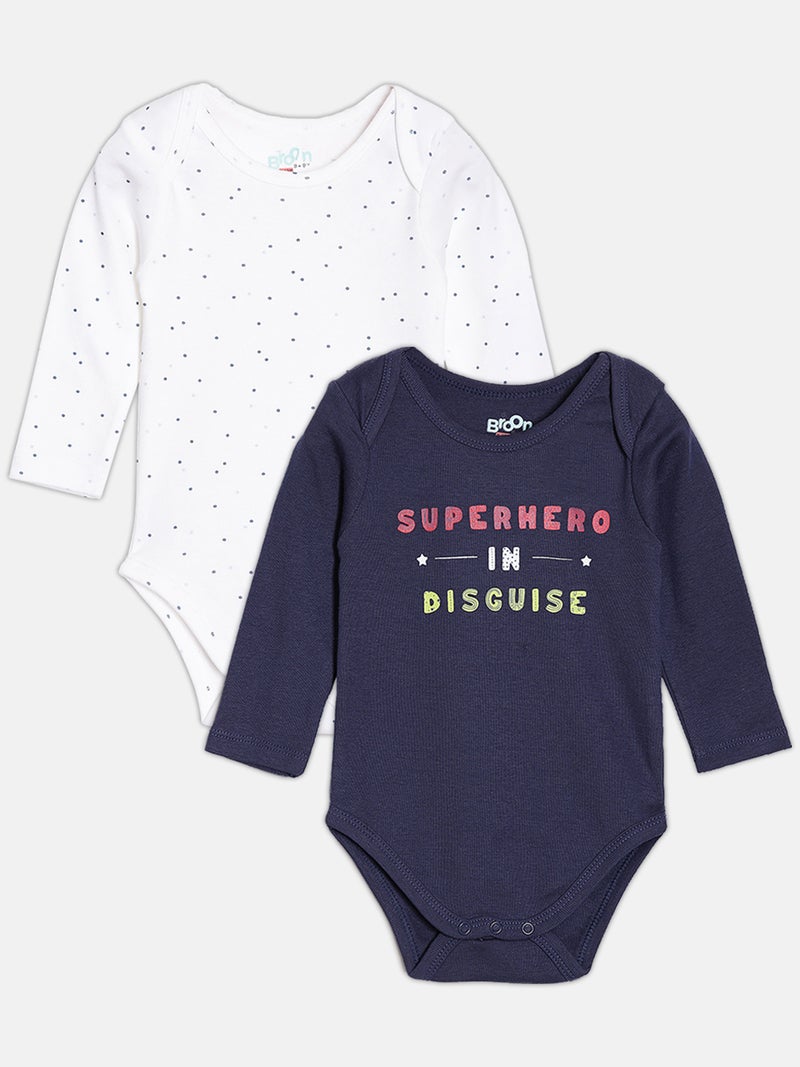 Broon Infant Boys Navy Blue and White Printed Organic Cotton Full Sleeve Bodysuit - Image 1