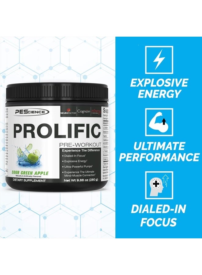 Prolific Pre Workout Powder, Sour Green Apple, 40 Scoop, Energy Supplement with Nitric Oxide