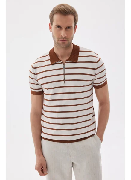 Odelon Limited Men's Striped Polo Collar Rayon Knitwear T-Shirt Tile