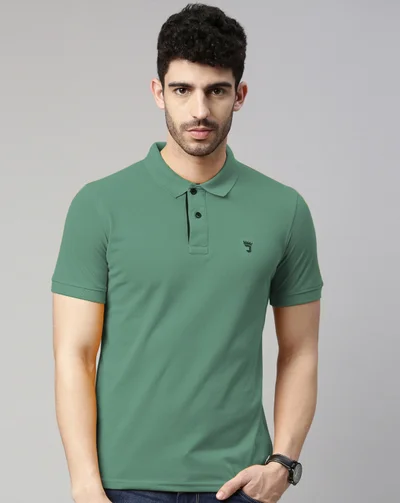 Joven Men Dusty Green Solid Polo Collar Pure Cotton T-Shirt