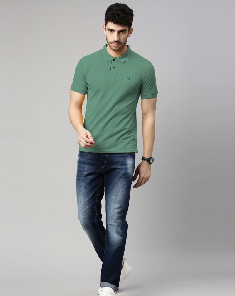Joven Men Dusty Green Solid Polo Collar Pure Cotton T-Shirt
