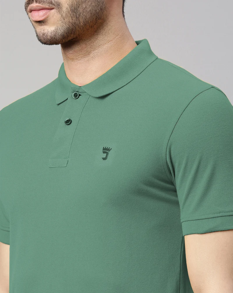 Joven Men Dusty Green Solid Polo Collar Pure Cotton T-Shirt