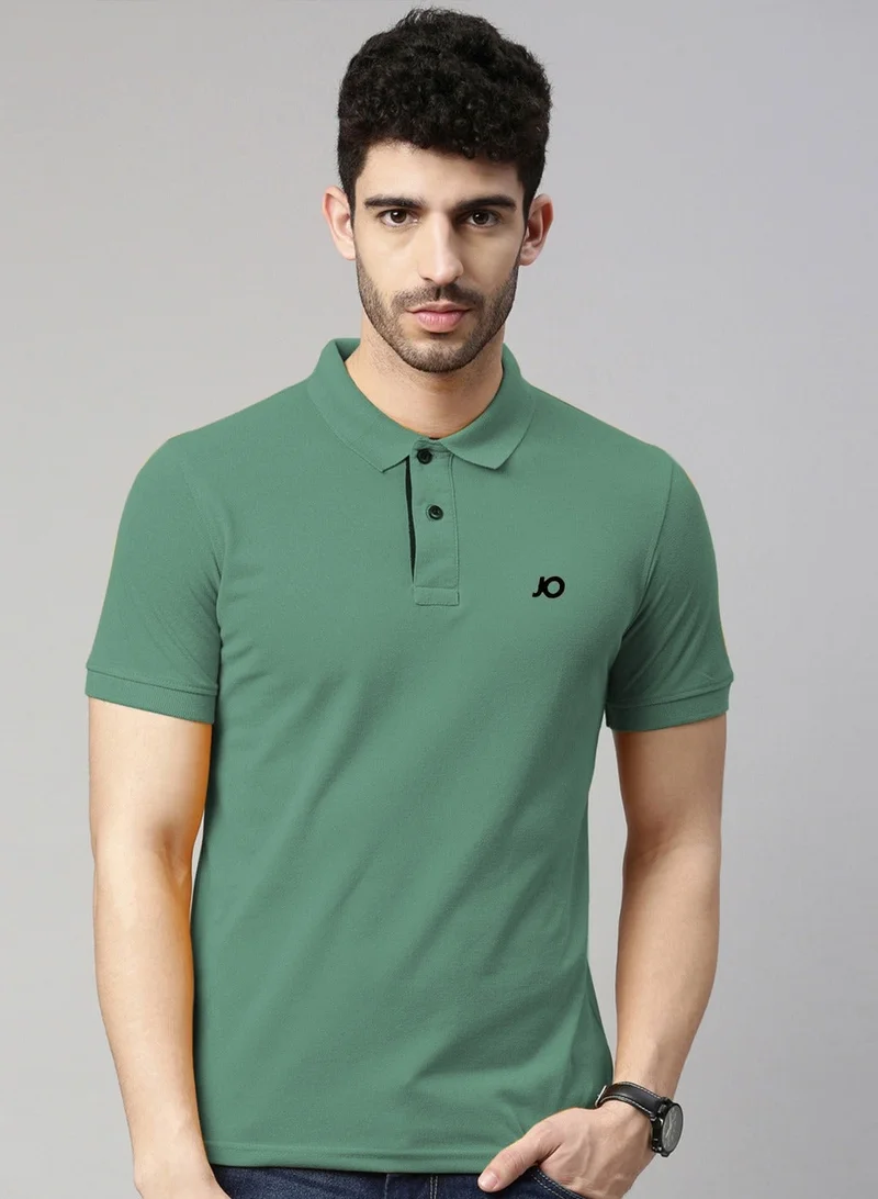 Joven Men Dusty Green Solid Polo Collar Pure Cotton T-Shirt