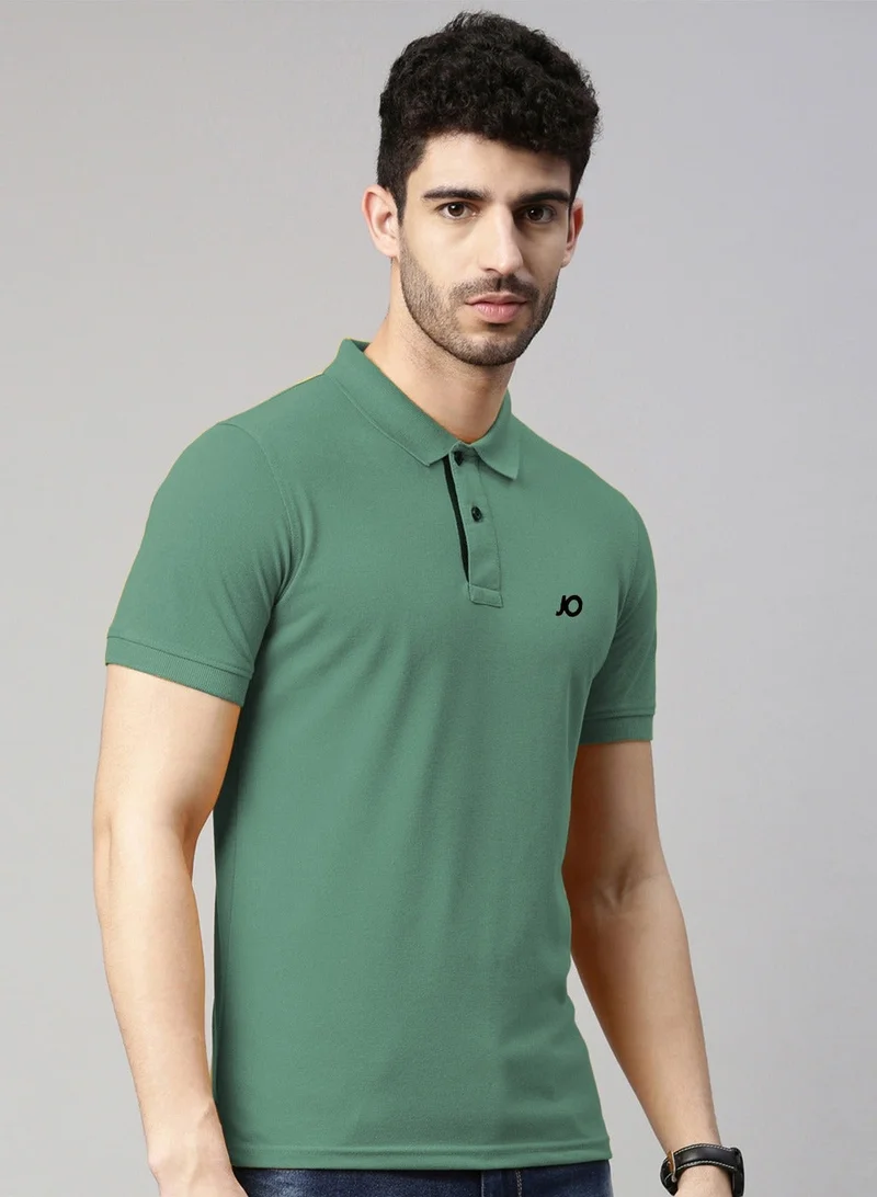 Joven Men Dusty Green Solid Polo Collar Pure Cotton T-Shirt