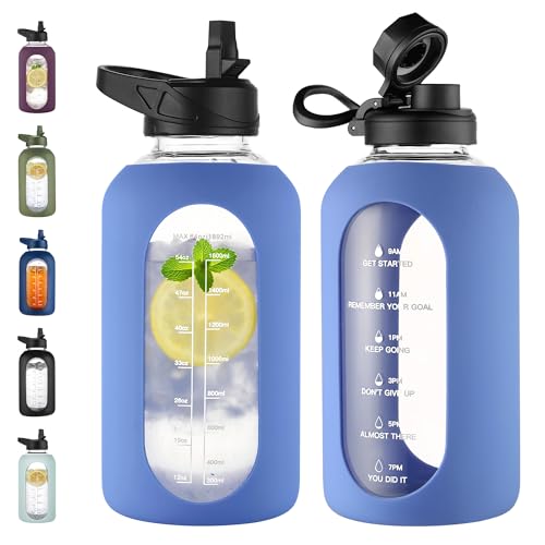 CIVAGO 64 oz Glass Water Bottle Jug with Straw and Handle Half Gallon Sports Motivational Water Bottle with Time Marker Wide Mouth Water Flask Canteen with Silicone Sleeve for Gym Wave Blue - Image 1