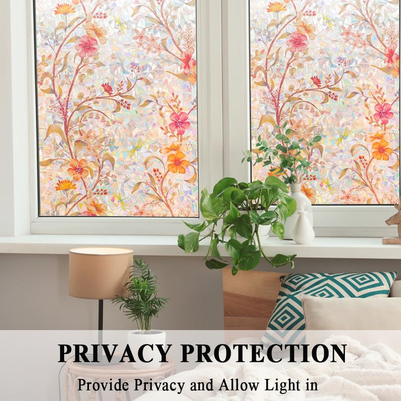 Mikomer Stained Glass Window Film Static Cling Door Privacy Film Decorative Flowers Red Leaves Window Decals Stickers Heat Control Anti UV for Home and Office,17.5 inches by 78.7 inches - Image 4