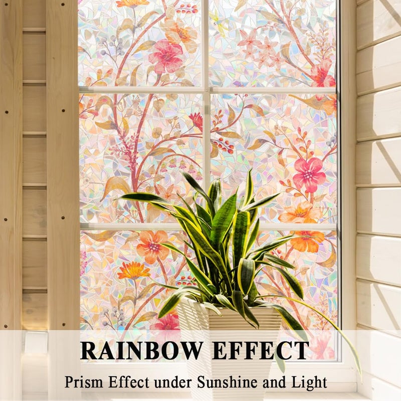 Mikomer Stained Glass Window Film Static Cling Door Privacy Film Decorative Flowers Red Leaves Window Decals Stickers Heat Control Anti UV for Home and Office,17.5 inches by 78.7 inches - Image 2