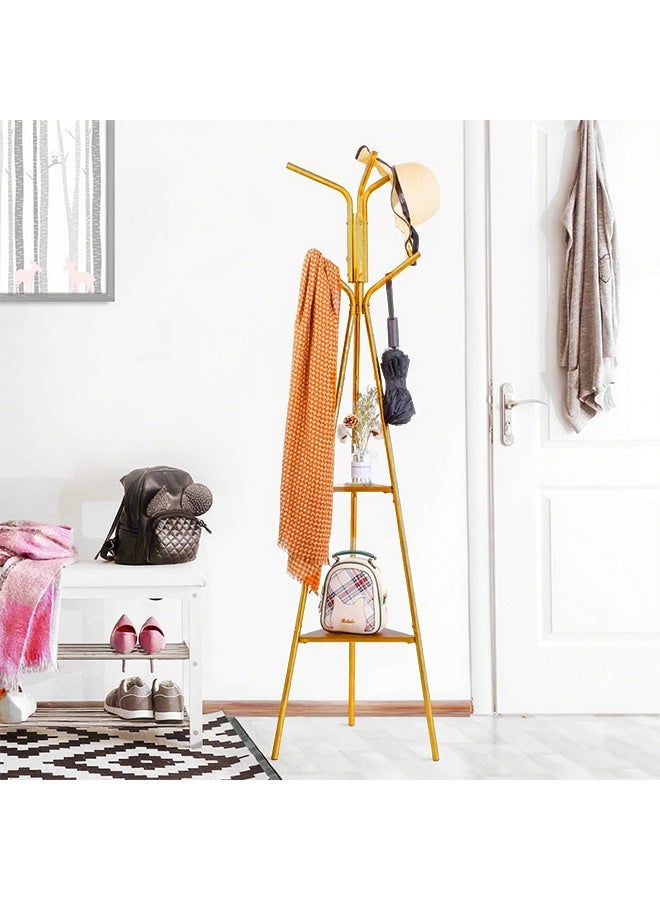 Arabest Coat Rack Freestanding, Coat Hanger Stand, Hall Tree with 2 Shelves, for Clothes, Hat, Bag, Industrial Style, Rustic Brown and Gold（180cm） - Image 1