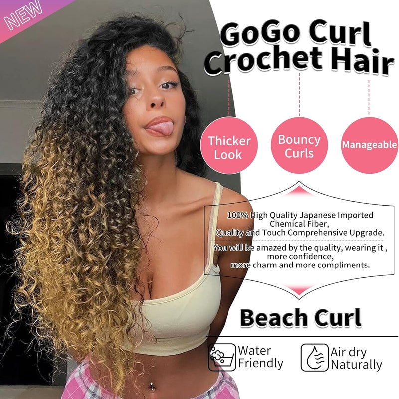 QRHSUKA شعر محبوك بنمط GoGo Curl للنساء، بتموجات مائية وشعر بشري مموج، إضافات شعر صناعية (طول 18 بوصة، عبوة تحتوي على 6 قطعات)، الألوان T1B/30/27 - Image 2