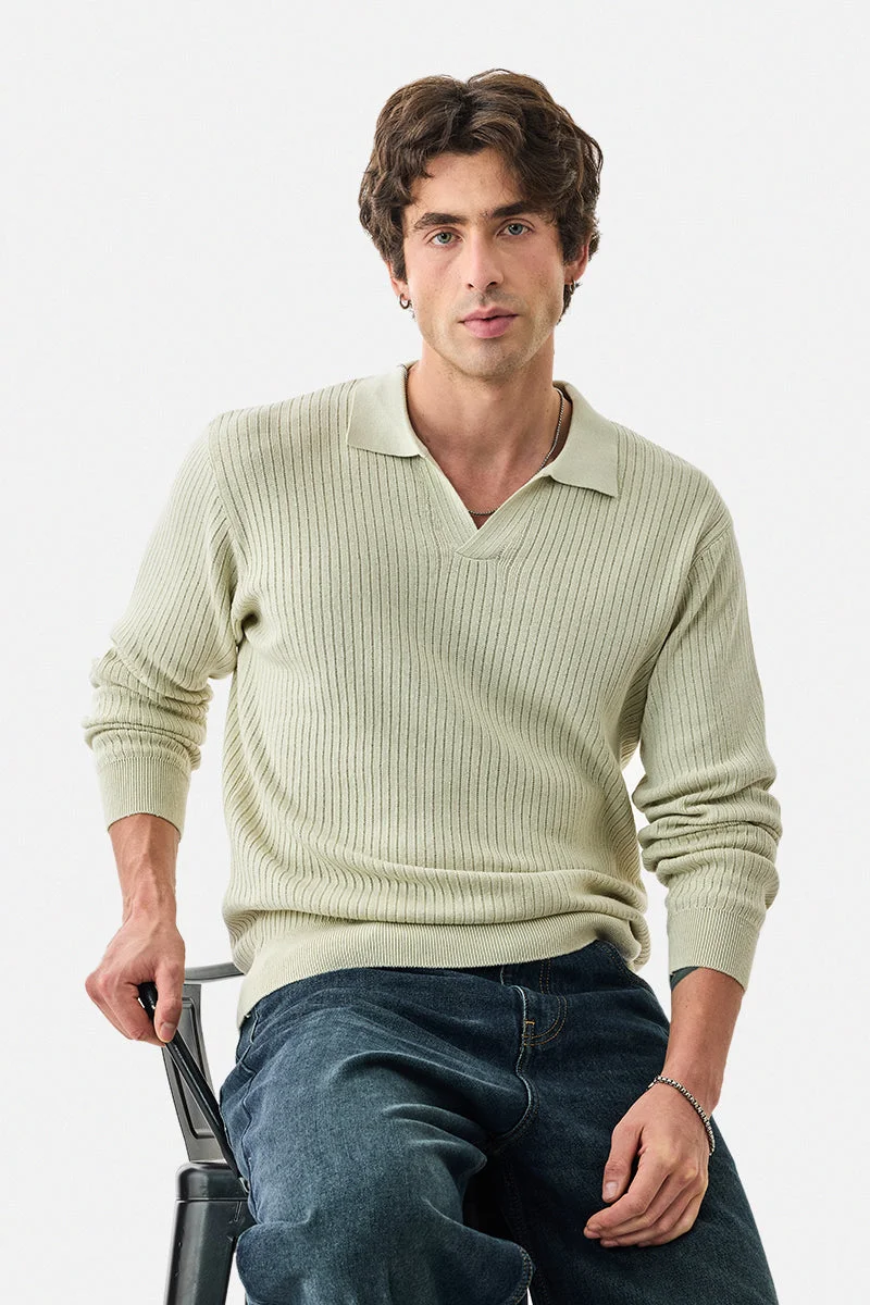 سنيتش Light Green Ribbed Long Sleeve Regular Fit T-Shirt