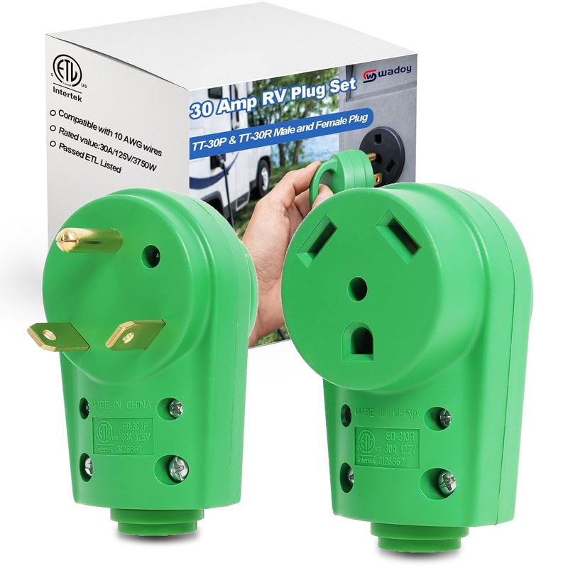 Wadoy 30 Amp RV Male and Female Plug Set - Camper with Handle, Electrical Adapter Receptacle 55245 (Green, 30 Amp) - Image 1