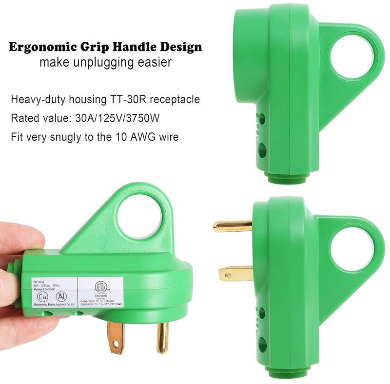 Wadoy 30 Amp RV Male and Female Plug Set - Camper with Handle, Electrical Adapter Receptacle 55245 (Green, 30 Amp) - Image 3