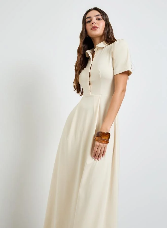 ستايلي Beige A-Line Maxi Dress with Short Sleeves
