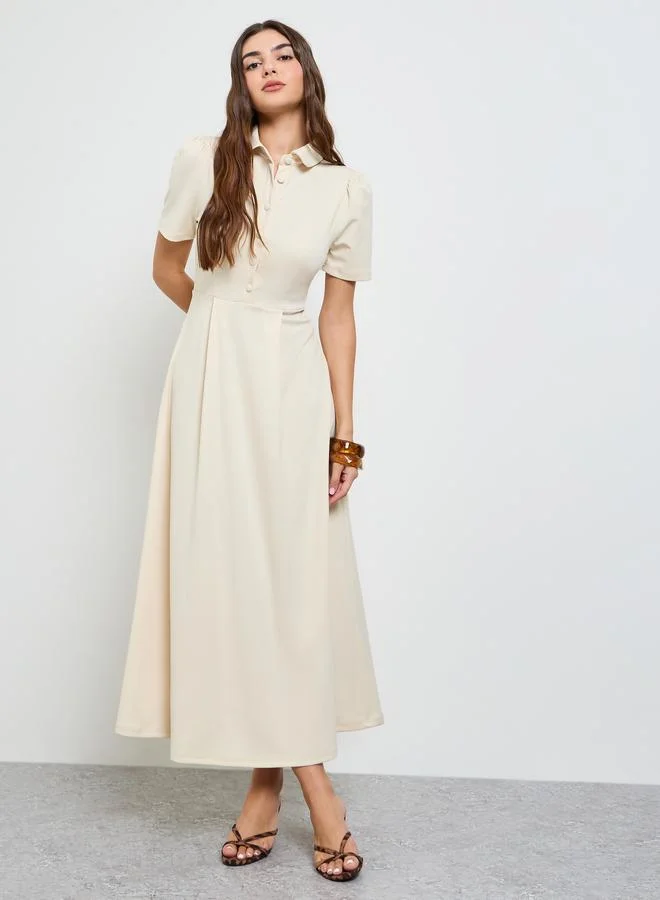 ستايلي Beige A-Line Maxi Dress with Short Sleeves