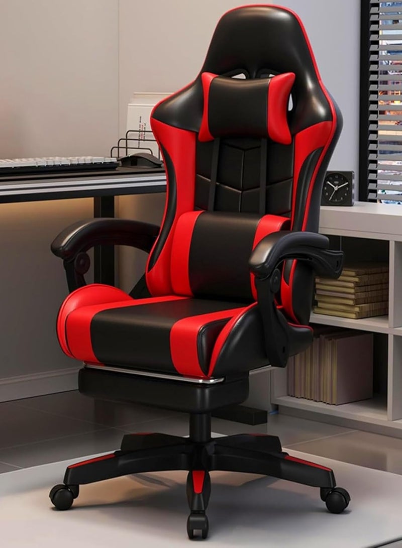 بريمو بلس كرسي ألعاب كمبيوتر قابل للتعديل، كرسي مكتب من الجلد الصناعي، ظهر مرتفع، دعم قطني، مسند ذراع مريح، مسند رأس، أحمر وأسود - Image 1