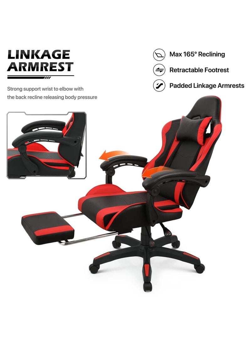 بريمو بلس كرسي ألعاب كمبيوتر قابل للتعديل، كرسي مكتب من الجلد الصناعي، ظهر مرتفع، دعم قطني، مسند ذراع مريح، مسند رأس، أحمر وأسود - Image 2