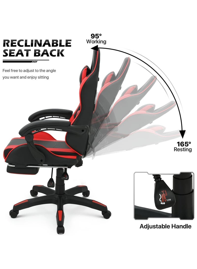 بريمو بلس كرسي ألعاب كمبيوتر قابل للتعديل، كرسي مكتب من الجلد الصناعي، ظهر مرتفع، دعم قطني، مسند ذراع مريح، مسند رأس، أحمر وأسود - Image 3