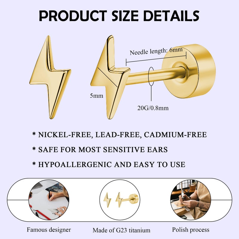 ZDE Titanium Women Flatback Earrings Celestial Lightning Bolt Stud Earrings 5mm Flat Back CZ Earrings Hypoallergenic Cartilage Flatback Earring Tragus Helix Tragus Conch Piercing (Gold) - Image 2