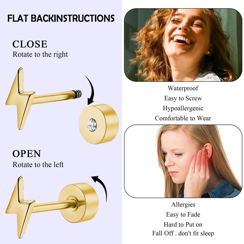 ZDE Titanium Women Flatback Earrings Celestial Lightning Bolt Stud Earrings 5mm Flat Back CZ Earrings Hypoallergenic Cartilage Flatback Earring Tragus Helix Tragus Conch Piercing (Gold) - Image 3