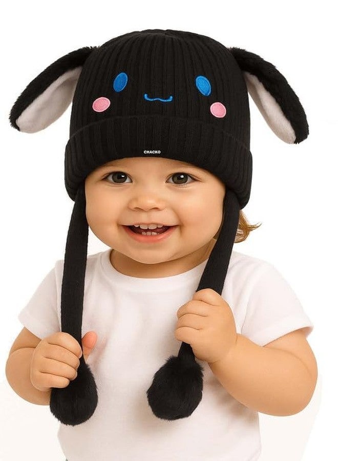 CHACKO Bunny Cap with Moving Ears for Kids (1-10 Yrs) | Plush Wool Winter Hat | Cute Girls Headwear & Funny Cap_Black - Image 1