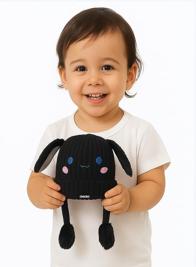 CHACKO Bunny Cap with Moving Ears for Kids (1-10 Yrs) | Plush Wool Winter Hat | Cute Girls Headwear & Funny Cap_Black - Image 3