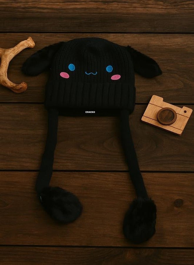 CHACKO Bunny Cap with Moving Ears for Kids (1-10 Yrs) | Plush Wool Winter Hat | Cute Girls Headwear & Funny Cap_Black - Image 5