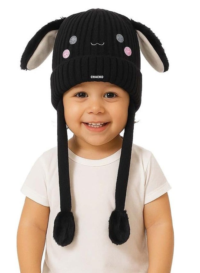 CHACKO Bunny Cap with Moving Ears for Kids (1-10 Yrs) | Plush Wool Winter Hat | Cute Girls Headwear & Funny Cap_Black - Image 2