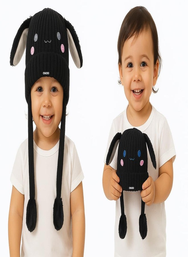 CHACKO Bunny Cap with Moving Ears for Kids (1-10 Yrs) | Plush Wool Winter Hat | Cute Girls Headwear & Funny Cap_Black - Image 4