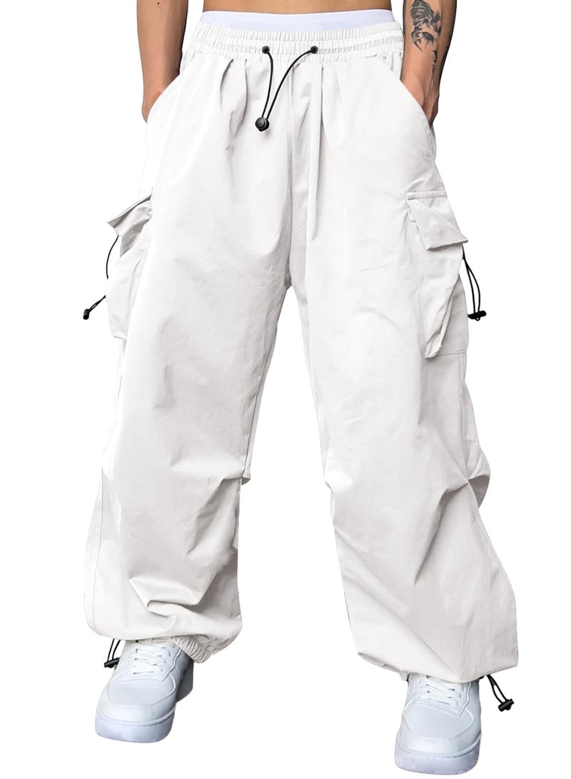 JMIERR Men's Casual Lounge Travel Parachute Pants Wide Leg Trousers Beam Feet Harem Baggy Sweatpants Cargo Streetwear Pants for Fall Essentials Clothes Trendy Street Wear,L,Snow White - Image 1