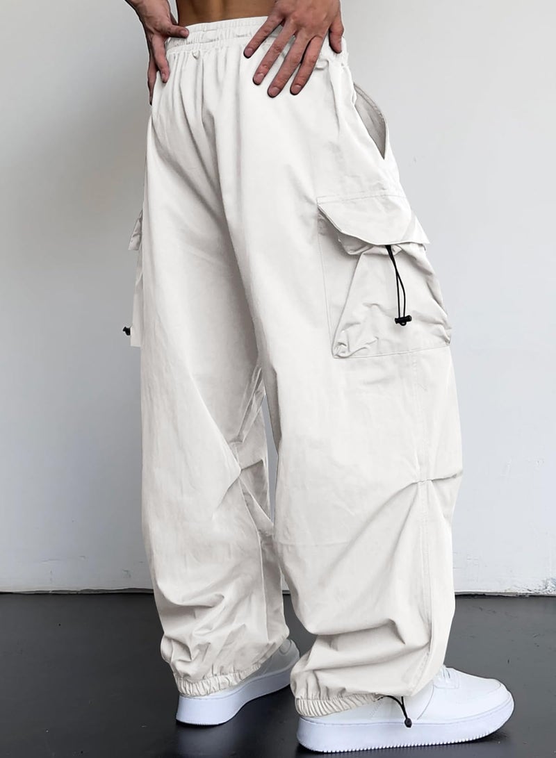 JMIERR Men's Casual Lounge Travel Parachute Pants Wide Leg Trousers Beam Feet Harem Baggy Sweatpants Cargo Streetwear Pants for Fall Essentials Clothes Trendy Street Wear,L,Snow White - Image 3