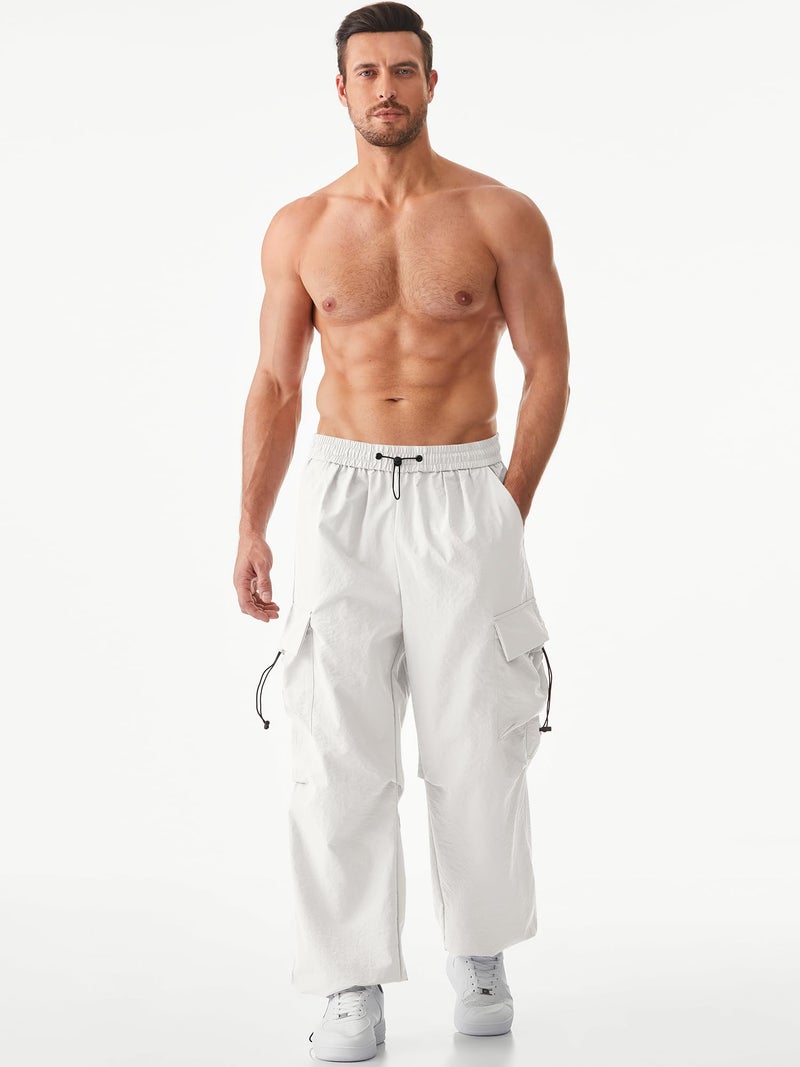JMIERR Men's Casual Lounge Travel Parachute Pants Wide Leg Trousers Beam Feet Harem Baggy Sweatpants Cargo Streetwear Pants for Fall Essentials Clothes Trendy Street Wear,L,Snow White - Image 5