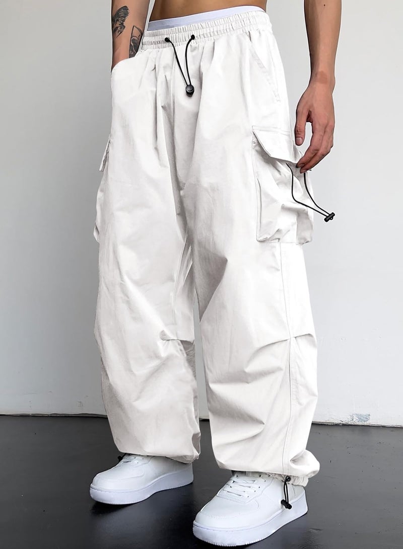 JMIERR Men's Casual Lounge Travel Parachute Pants Wide Leg Trousers Beam Feet Harem Baggy Sweatpants Cargo Streetwear Pants for Fall Essentials Clothes Trendy Street Wear,L,Snow White - Image 2