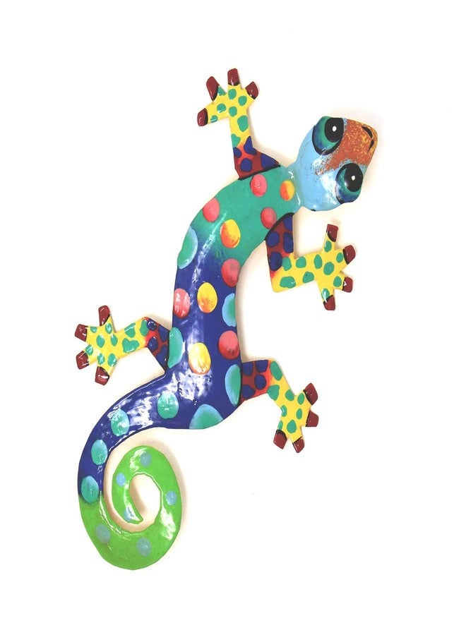 Global Crafts 8" Painted Gecko Recycled Haitian Metal Wall Art Blue Green, Florida - Image 1