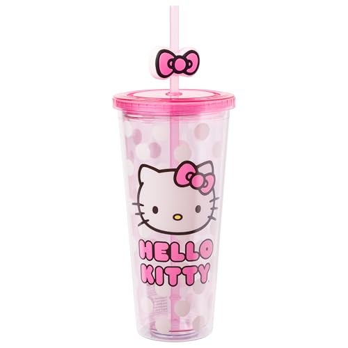 Silver Buffalo Sanrio Hello Kitty Bow Pink Polka Dots Plastic Cold Cup with Lid and Straw Topper 24 Ounces