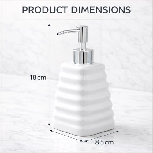 WHIZZO Premium Ceramic Soap Dispenser Bottle with ABS Pump | Refillable Liquid Soap, Hand Wash, Lotion Dispenser | Modern Bathroom & Kitchen Countertop Accessory (White, LD-047-D2) - Image 2
