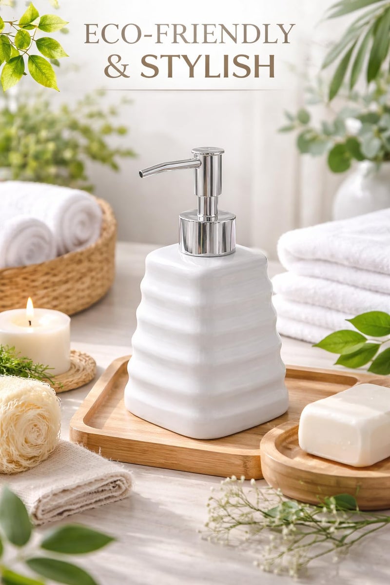 WHIZZO Premium Ceramic Soap Dispenser Bottle with ABS Pump | Refillable Liquid Soap, Hand Wash, Lotion Dispenser | Modern Bathroom & Kitchen Countertop Accessory (White, LD-047-D2) - Image 4